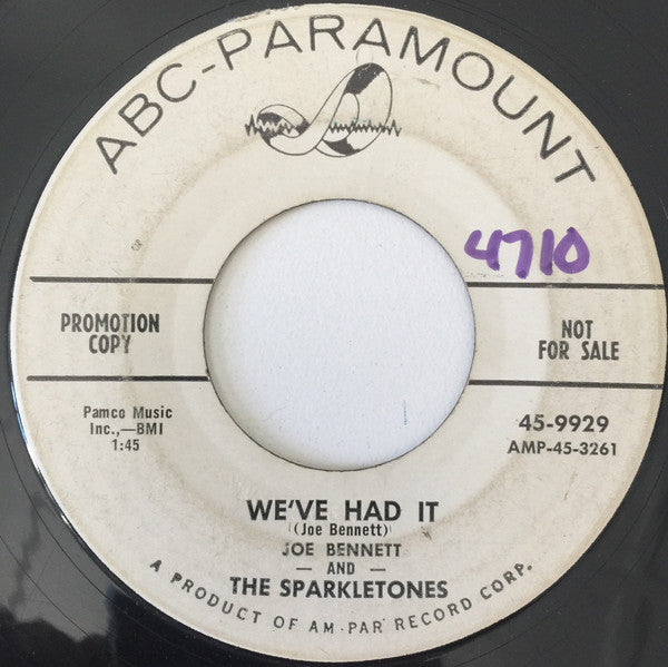 Joe Bennett And The Sparkletones : Little Turtle / We've Had It (7", Single, Promo)