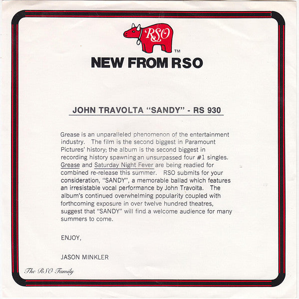 John Travolta : Sandy (7", Mono, Promo, Styrene)