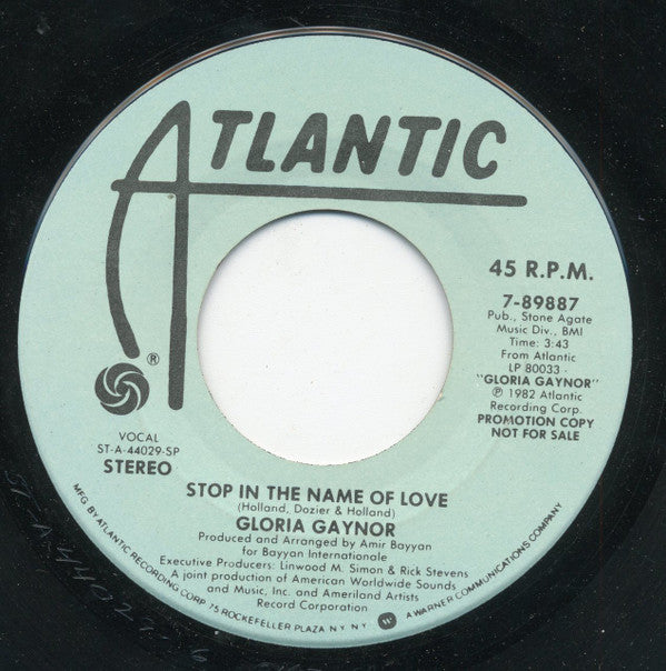 Gloria Gaynor : Stop In The Name Of Love (7", Single, Promo, SP)
