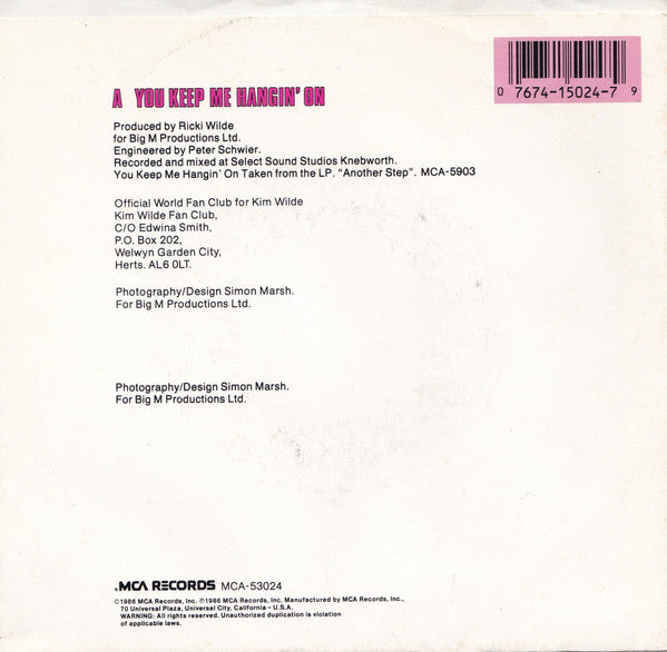 Kim Wilde : You Keep Me Hangin' On (7", Single, Promo, Com)