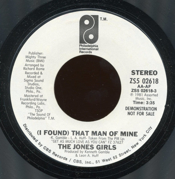 The Jones Girls : (I Found) That Man Of Mine (7", Single, Promo, Styrene)