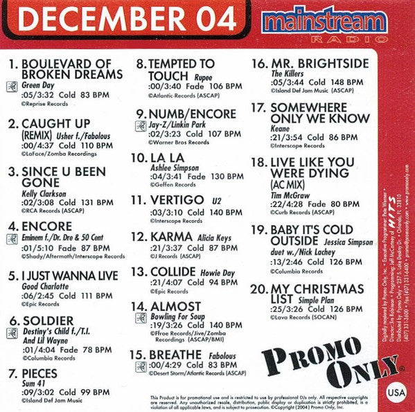 Various : Promo Only - Mainstream Radio - December 04 (CD, Comp, Promo)