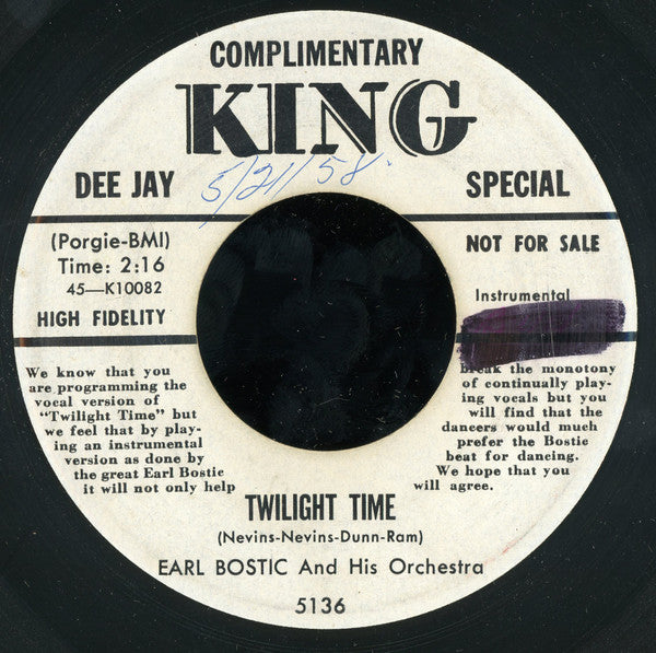 Earl Bostic And His Orchestra : Over The Waves Rock / Twilight Time (7", Promo)