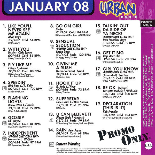 Various : Promo Only Urban Radio: January 2008 (CD, Comp, Promo)