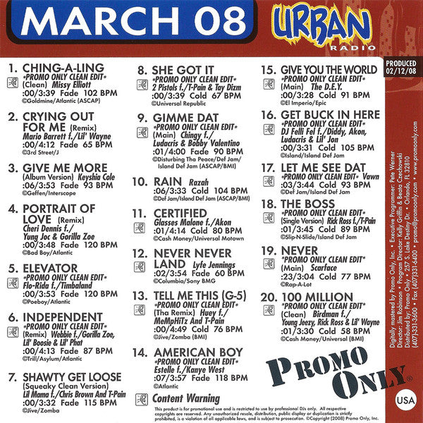 Various : Promo Only Urban Radio: March 2008 (CD, Comp, Promo)