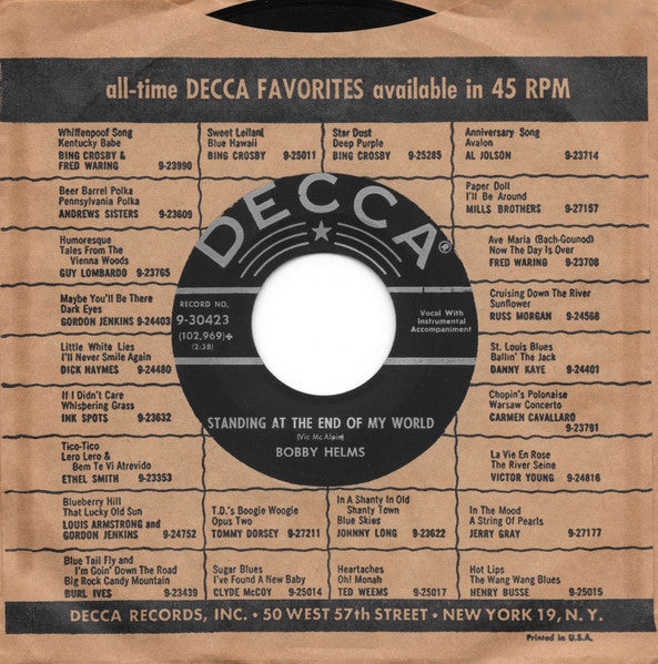 Bobby Helms : My Special Angel / Standing At The End Of My World (7", Single, Glo)