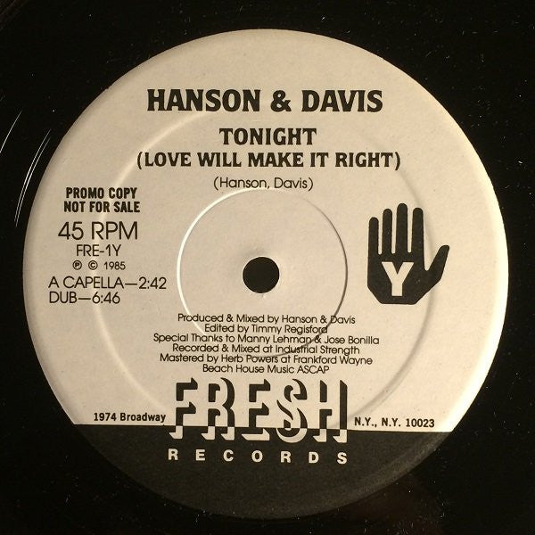 Hanson & Davis : Tonight (Love Will Make It Right) (12", Single, Promo)