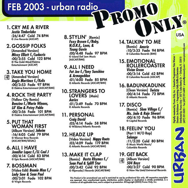 Various : Promo Only Urban Radio: February 2003 (CD, Comp, Promo)