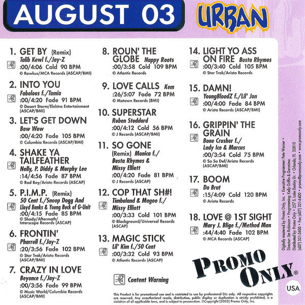 Various : Promo Only Urban Radio: August 2003 (CD, Comp, Promo)