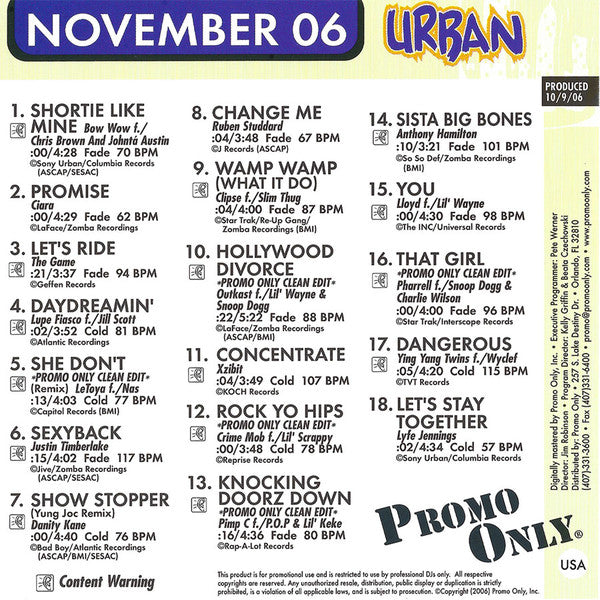 Various : Promo Only Urban Radio: November 2006 (CD, Comp, Promo)