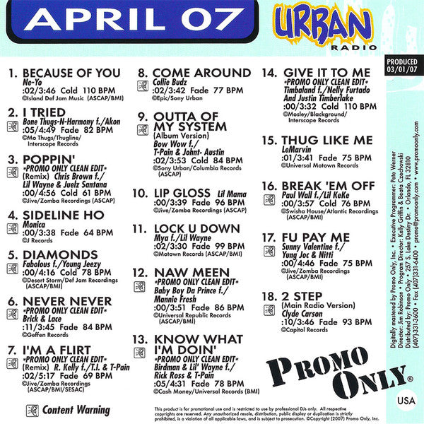 Various : Promo Only Urban Radio: April 2007 (CD, Comp, Promo)