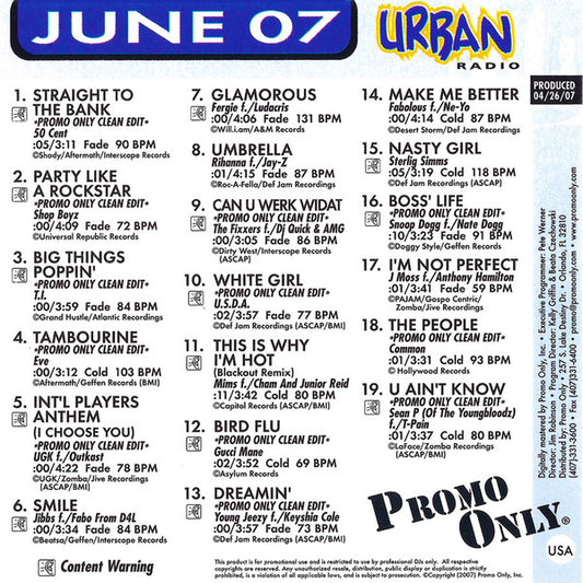 Various : Promo Only Urban Radio (June 2007) (CD, Comp, Promo)