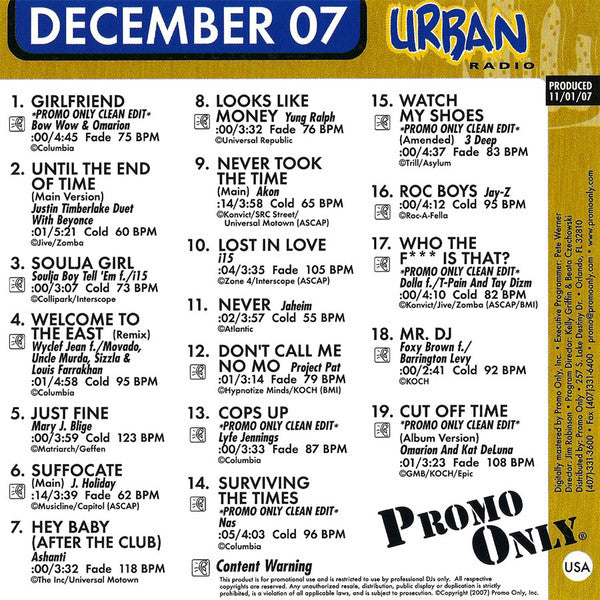 Various : Promo Only Urban Radio: December 2007 (CD, Comp, Promo)