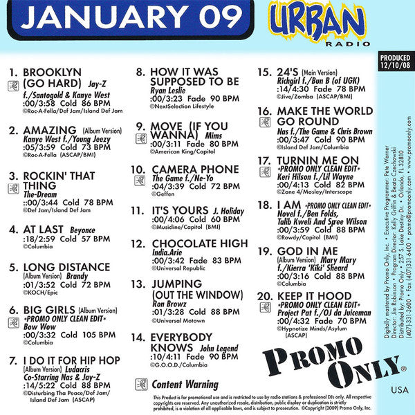 Various : Promo Only Urban Radio: January 2009 (CD, Comp, Promo)