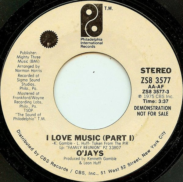 The O'Jays : I Love Music (Part I) (7", Mono, Promo, Styrene)