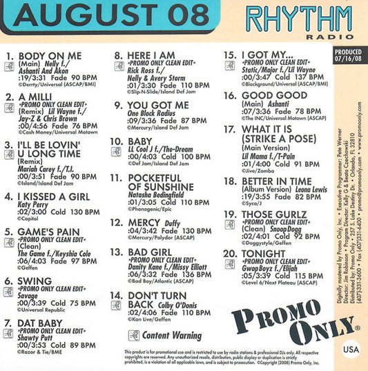 Various : Promo Only Rhythm Radio: August 08 (CD, Comp, Promo)