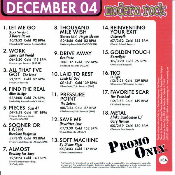 Various : Promo Only Modern Rock Radio: December 04 (CD, Comp, Promo)