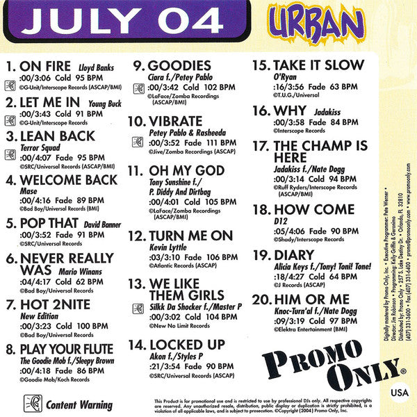 Various : Promo Only Urban Radio: July 2004 (CD, Comp, Promo)