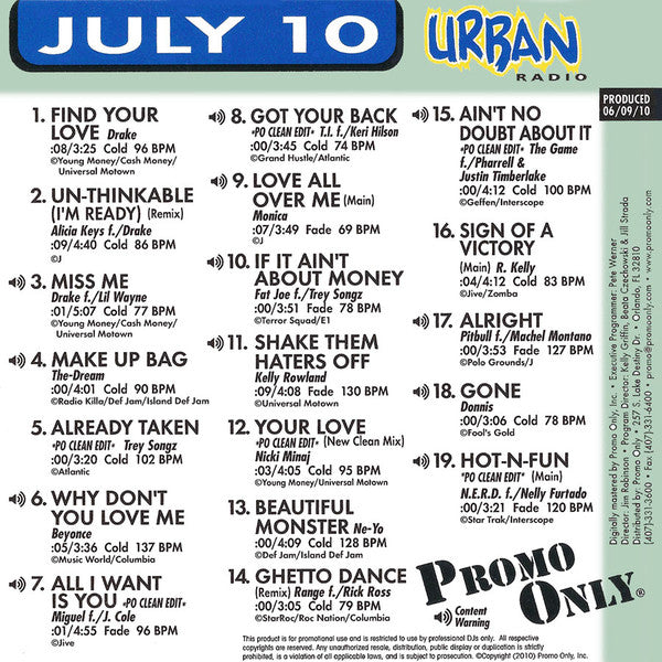 Various : Promo Only Urban Radio: July 2010 (CD, Comp, Promo)
