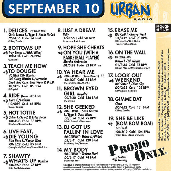 Various : Promo Only Urban Radio: September 2010 (CD, Comp, Promo)
