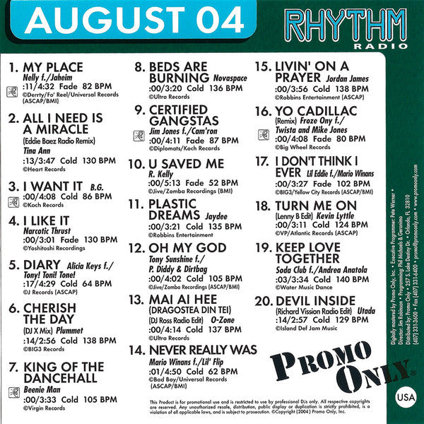Various : Promo Only Rhythm Radio: August 2004 (CD, Comp, Promo)