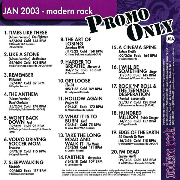 Various : Promo Only Modern Rock Radio: January 2003 (CD, Comp, Promo)