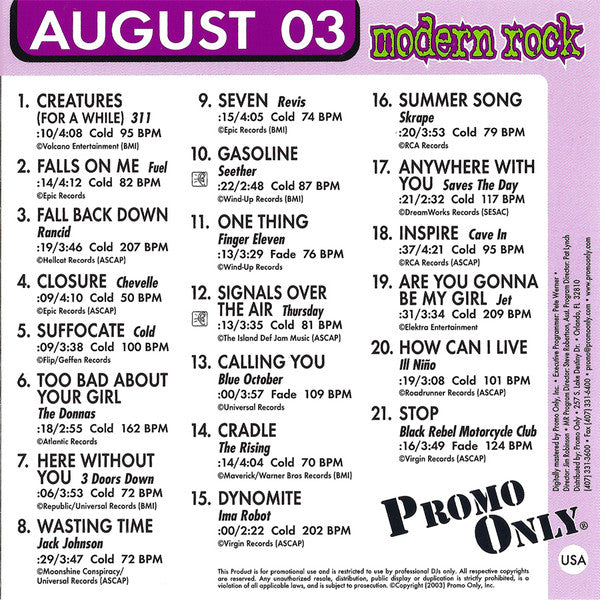 Various : Promo Only Modern Rock Radio: August 2003 (CD, Comp, Promo)