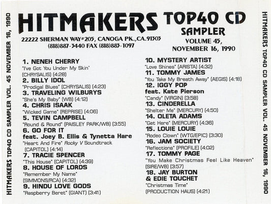 Various : Hitmakers Top40 CD Sampler Volume 45, November 16, 1990 (CD, Comp, Promo)