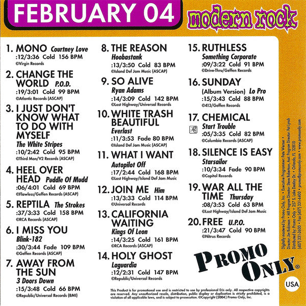 Various : Promo Only Modern Rock Radio: February 04 (CD, Comp, Promo)