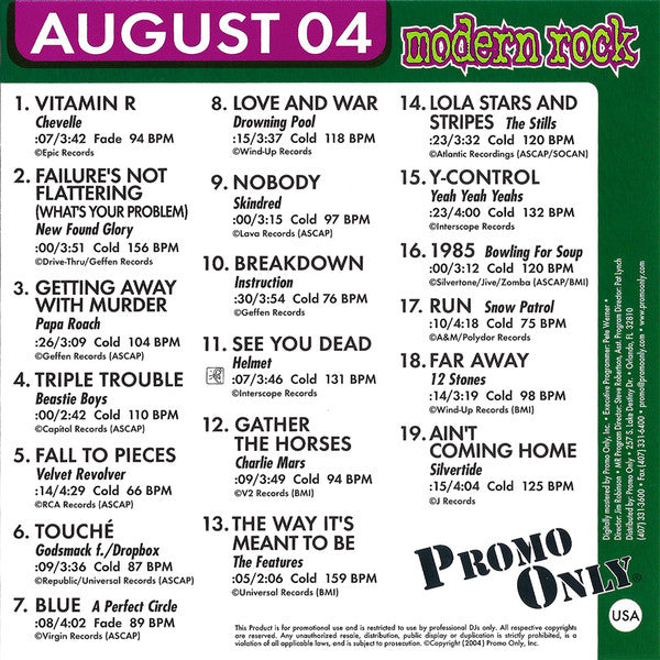 Various : Promo Only Modern Rock Radio: August 2004 (CD, Comp, Promo)