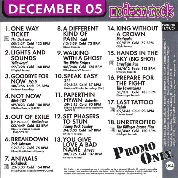 Various : Promo Only Modern Rock Radio: December 2005 (CD, Comp, Promo)