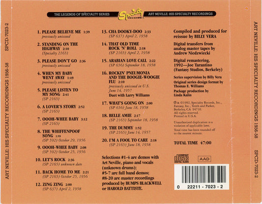 Art Neville : His Specialty Recordings 1956 - 58 (CD, Comp, Promo, RM)
