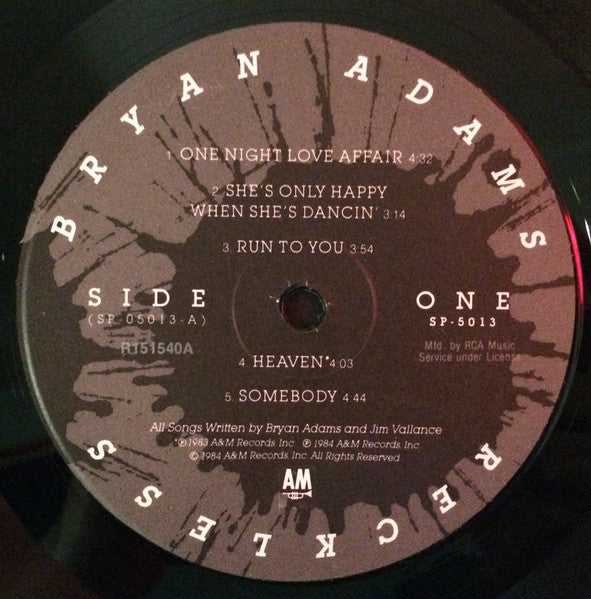 Bryan Adams : Reckless (LP, Album, Club, RCA)