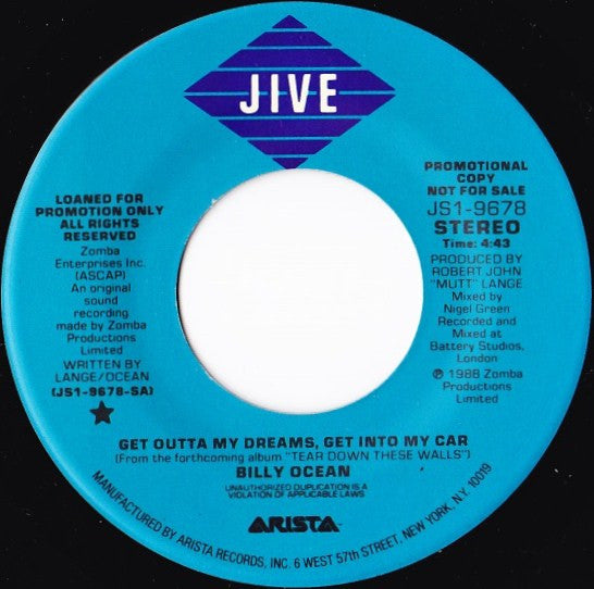 Billy Ocean : Get Outta My Dreams, Get Into My Car (7", Single, Promo)