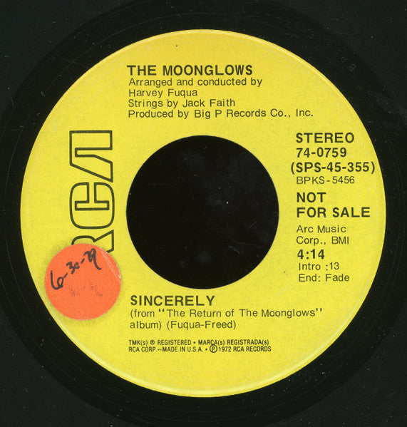The Moonglows : Sincerely (7", Mono, Promo)