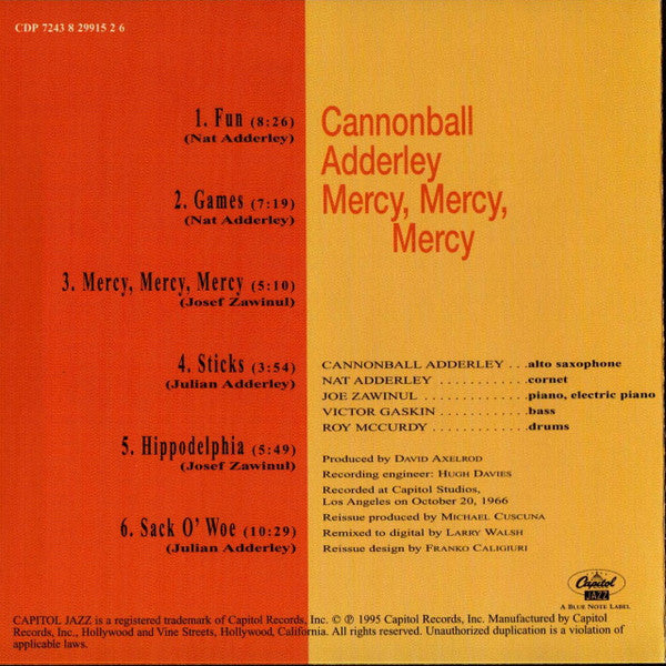 The Cannonball Adderley Quintet : Mercy, Mercy, Mercy! - Live At "The Club" (CD, Album, RE)