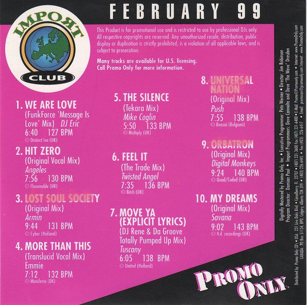 Various : Promo Only Import Club February 99 (CD, Comp, Promo)