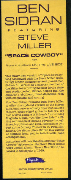 Ben Sidran Featuring Steve Miller : Space Cowboy (12", Promo)