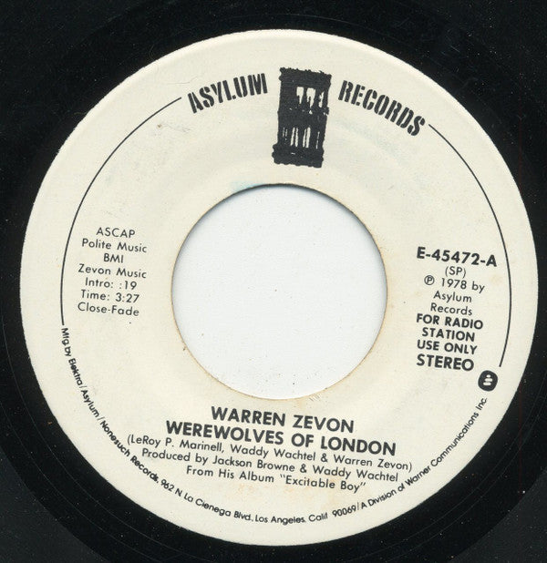 Warren Zevon : Werewolves Of London (7", Single, Mono, Promo, SP )