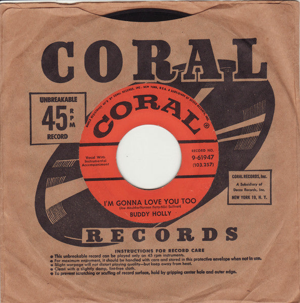 Buddy Holly : I'm Gonna Love You Too / Listen To Me (7", Single, Glo)