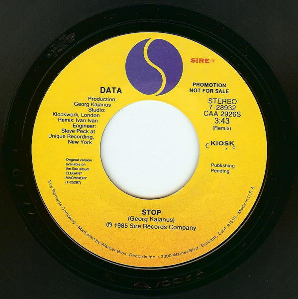 Data (2) : Stop (7", Promo, Styrene)