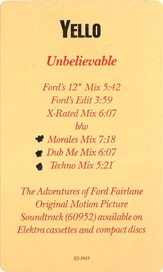 Yello : Unbelievable (Theme From "Ford Fairlane") (12", Promo)