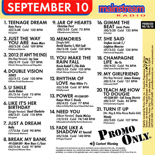 Various : Promo Only Mainstream Radio: September 2010 (CD, Comp, Promo)