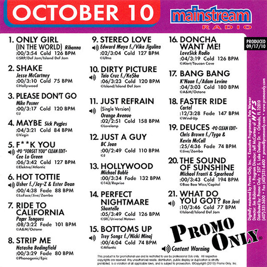 Various : Promo Only Mainstream Radio: October 2010 (CD, Comp, Promo)
