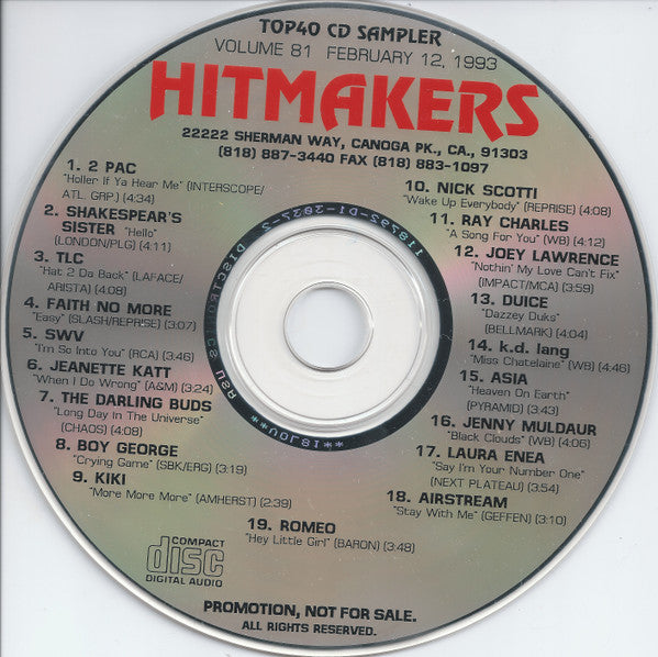 Various : Hitmakers Top 40 CD Sampler Volume 81 February 12, 1993 (CD, Promo, Smplr)