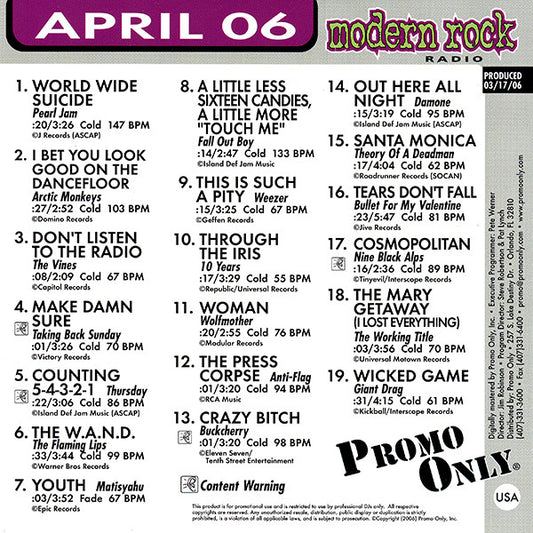 Various : Promo Only Modern Rock Radio: April 2006 (CD, Comp, Promo)