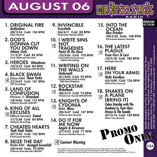 Various : Promo Only Modern Rock Radio: August 2006 (CD, Comp, Promo)