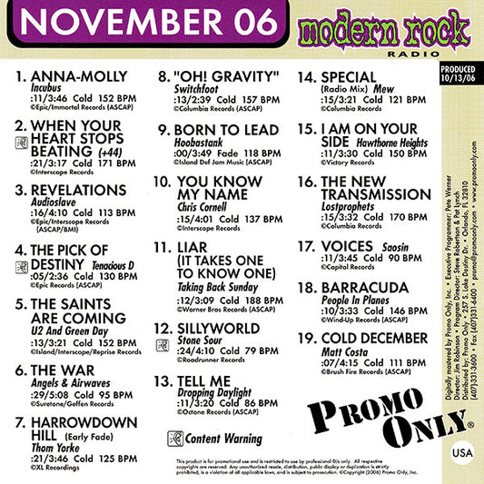 Various : Promo Only Modern Rock Radio: November 2006 (CD, Comp, Promo)