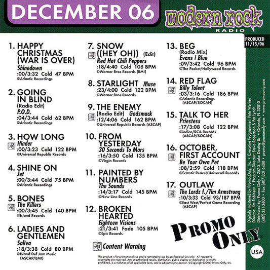 Various : Promo Only Modern Rock Radio: December 2006 (CD, Comp, Promo)