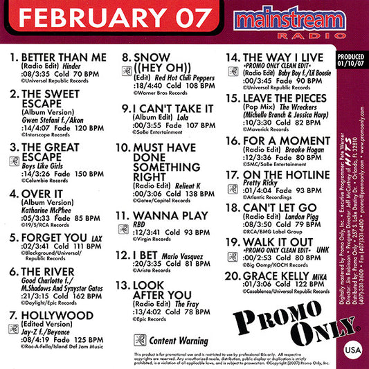 Various : Promo Only Mainstream Radio: February 07 (CD, Comp, Promo)